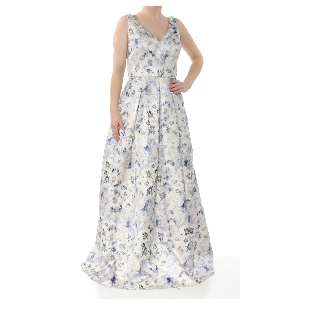Js Collections Blue Multi Sleeveless Floral-Print Metallic Ball Gown 12‎